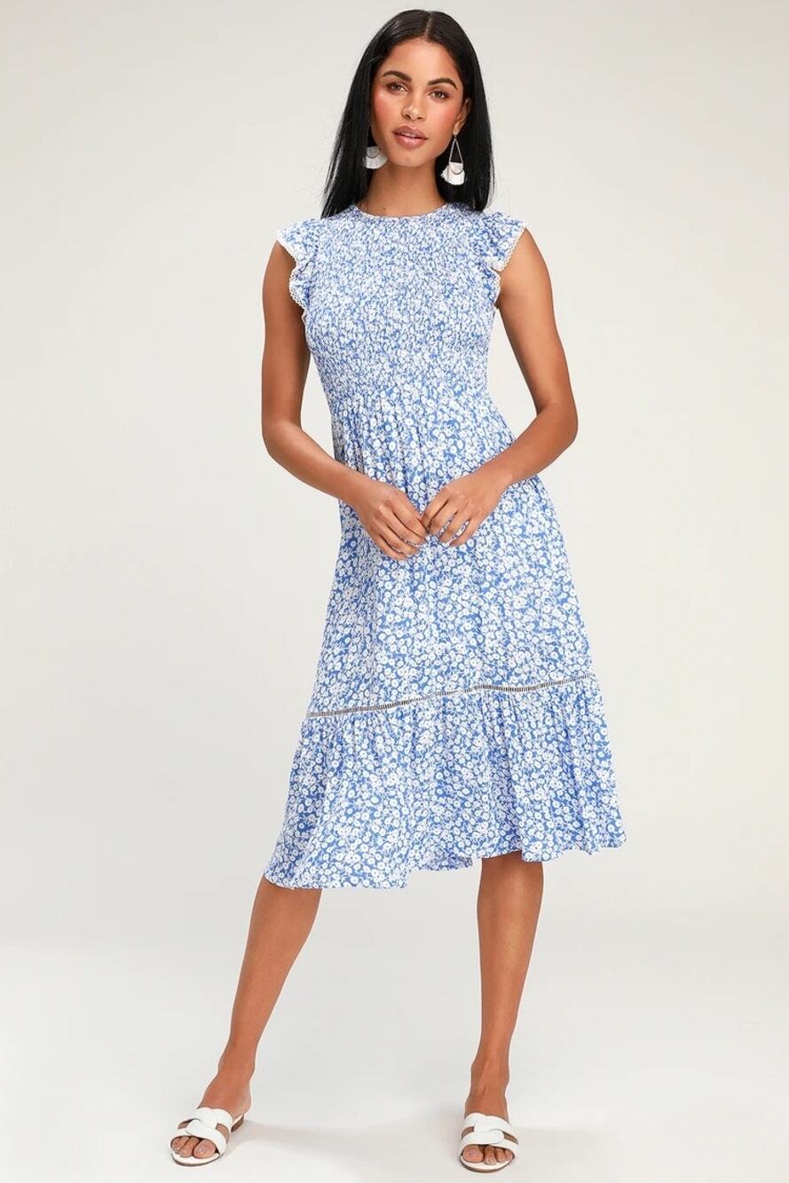 Lost + Wander Blue Floral Print Smocked Ruffle Short Sleeve Midi Dress Size XS
